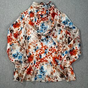 Doncaster Collection Silk Blouse Mock Cowl Neck Women's 14 Blue Orange Floral